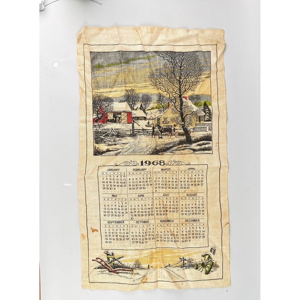 Vintage 1968 Linen Calendar Tea Towel T Winter Farm Scene